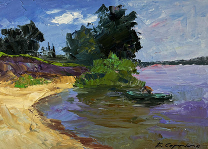 Oil painting of lonely fisherman in green rowboat by Boris Serdyuk