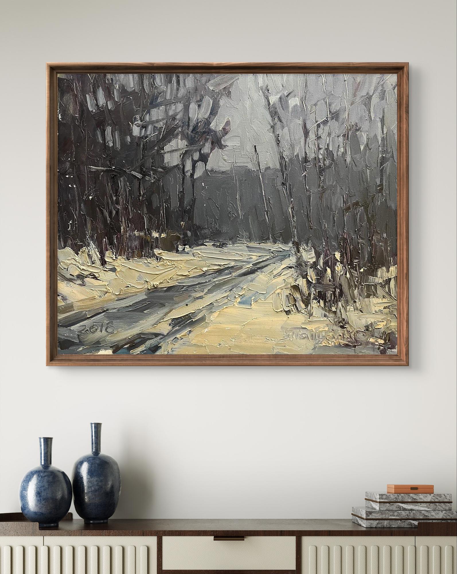 Framed Oil painting In the winter forest by Volodymyr Pashchenko, abstract textured landscape in muted grays, blacks and beige