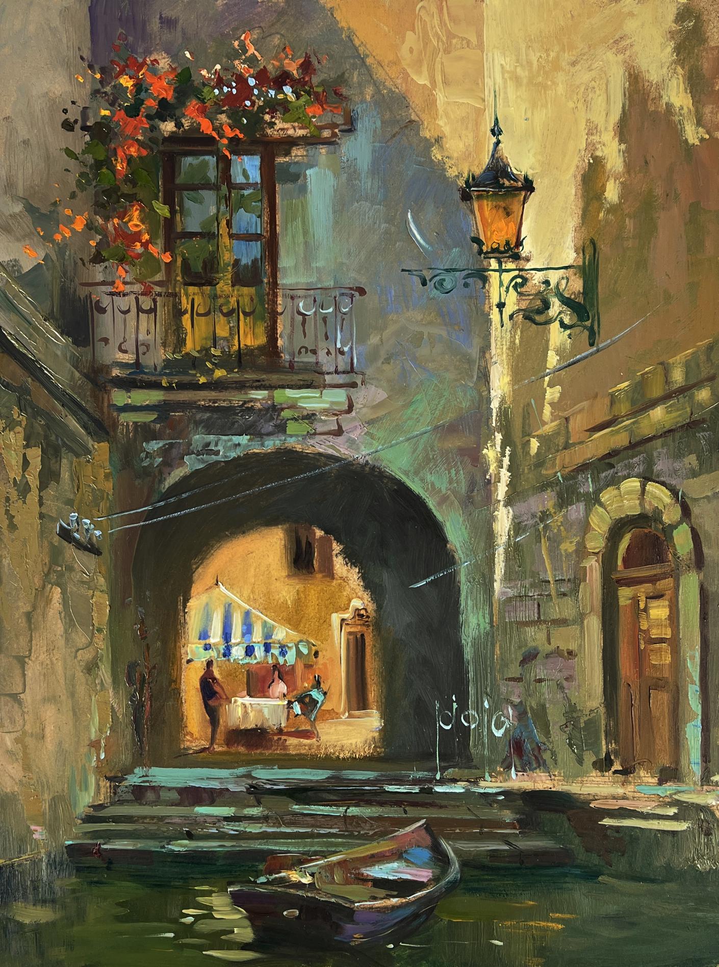 Oil painting of Venice rowboat under stone bridge by Yuriy Suprunchuk