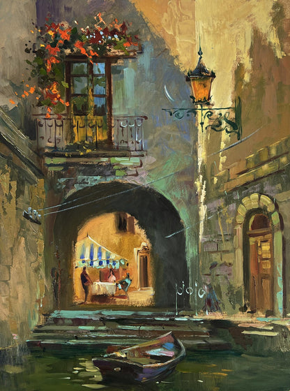 Oil painting of Venice rowboat under stone bridge by Yuriy Suprunchuk