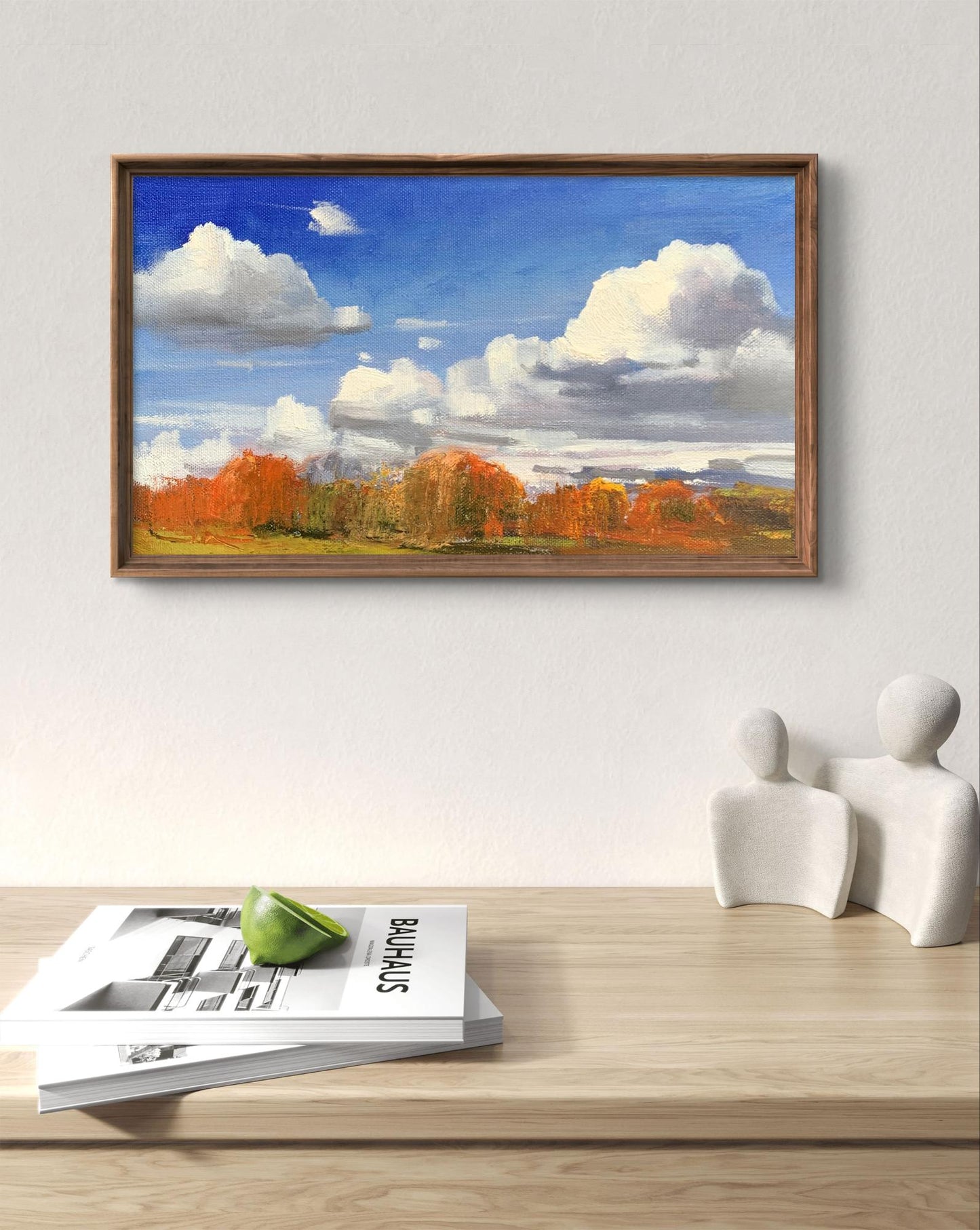 Oil painting Cloudy day Tatyana Derdey: vibrant autumn orange trees under blue sky