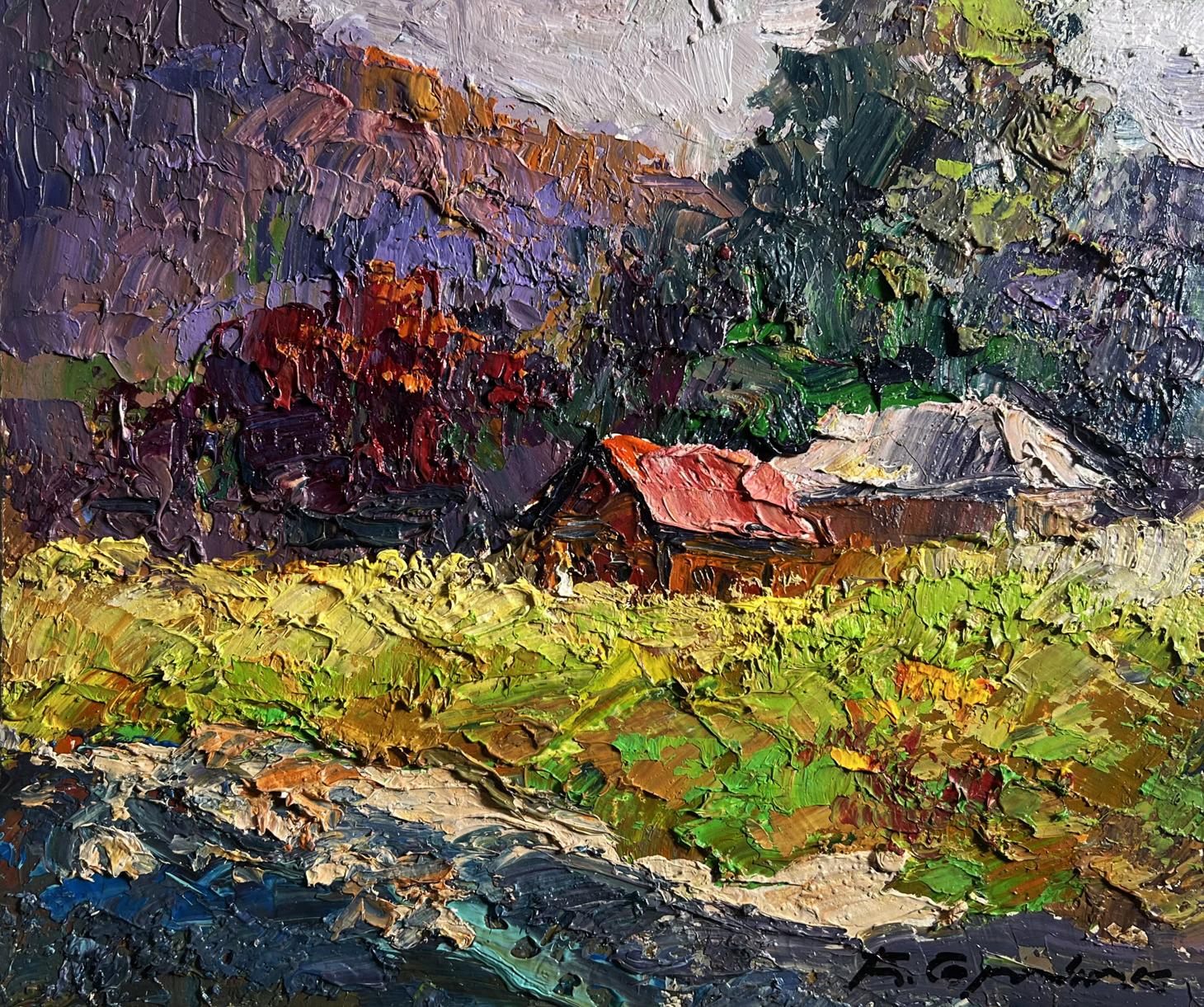 Oil painting Autumn in the Mountains by Boris Serdyuk, rustic house with red roof