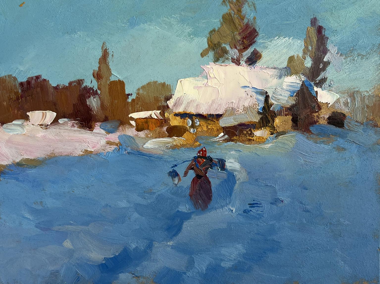 Oil painting of figure in red coat with dark bundle in snowy early winter morning by Yuriy Suprunchuk