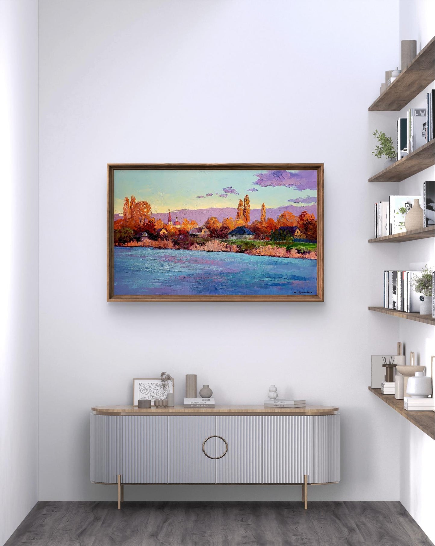 Oil painting Behind the River by Boris Serdyuk in wooden frame