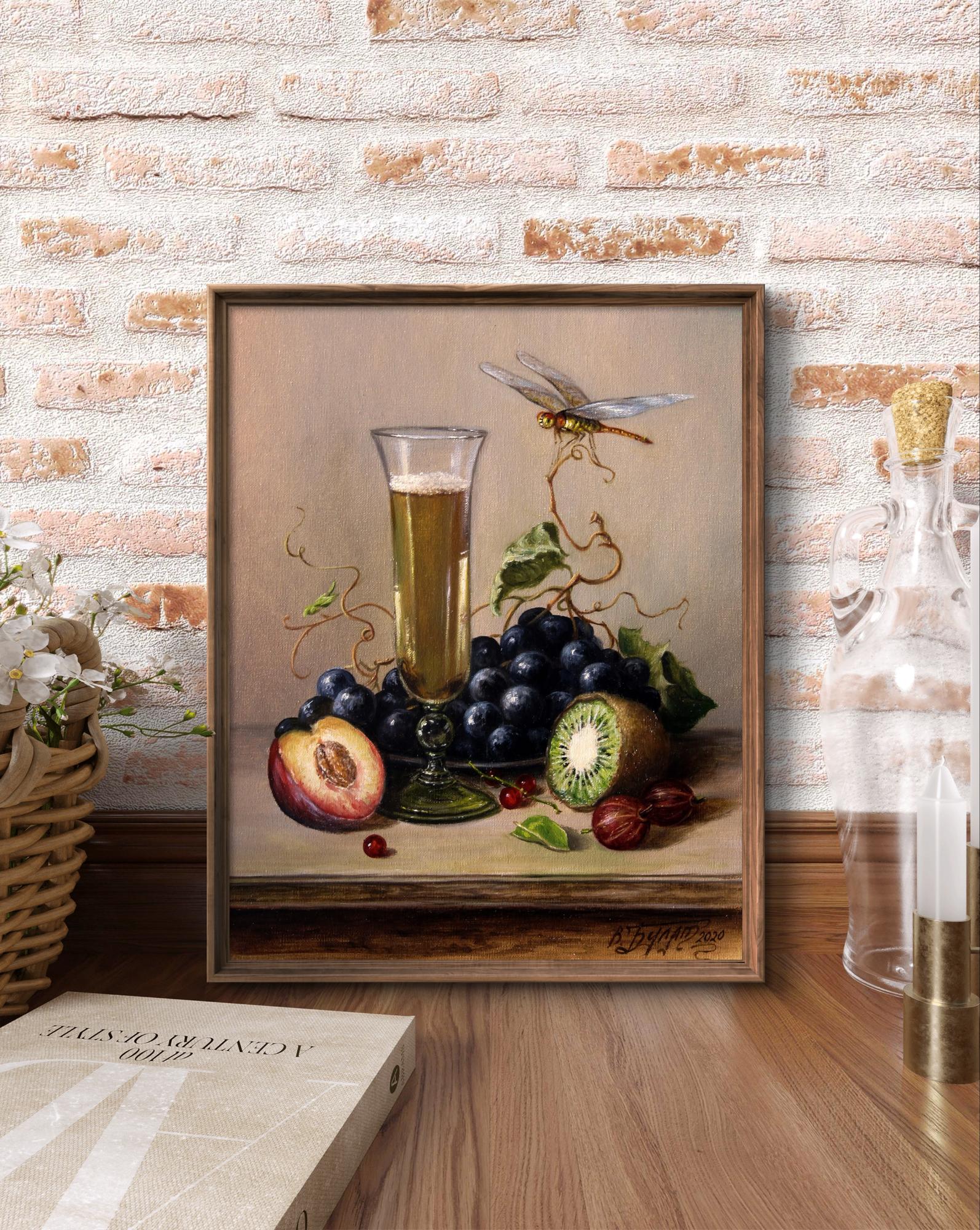 Oil painting Light treat Valeriy Bulat: beer, grapes, kiwi, peach, dragonfly