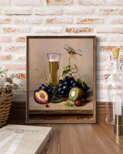 Oil painting Light treat Valeriy Bulat: beer, grapes, kiwi, peach, dragonfly