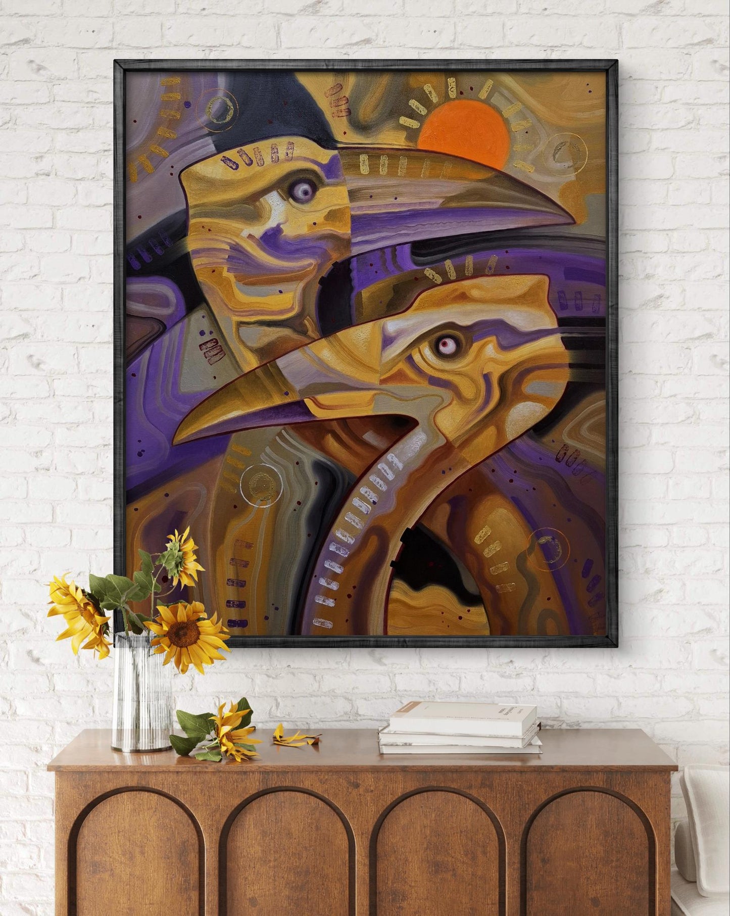 Framed Oil painting The lost world by Sergiy Voichenko with golden-brown birds