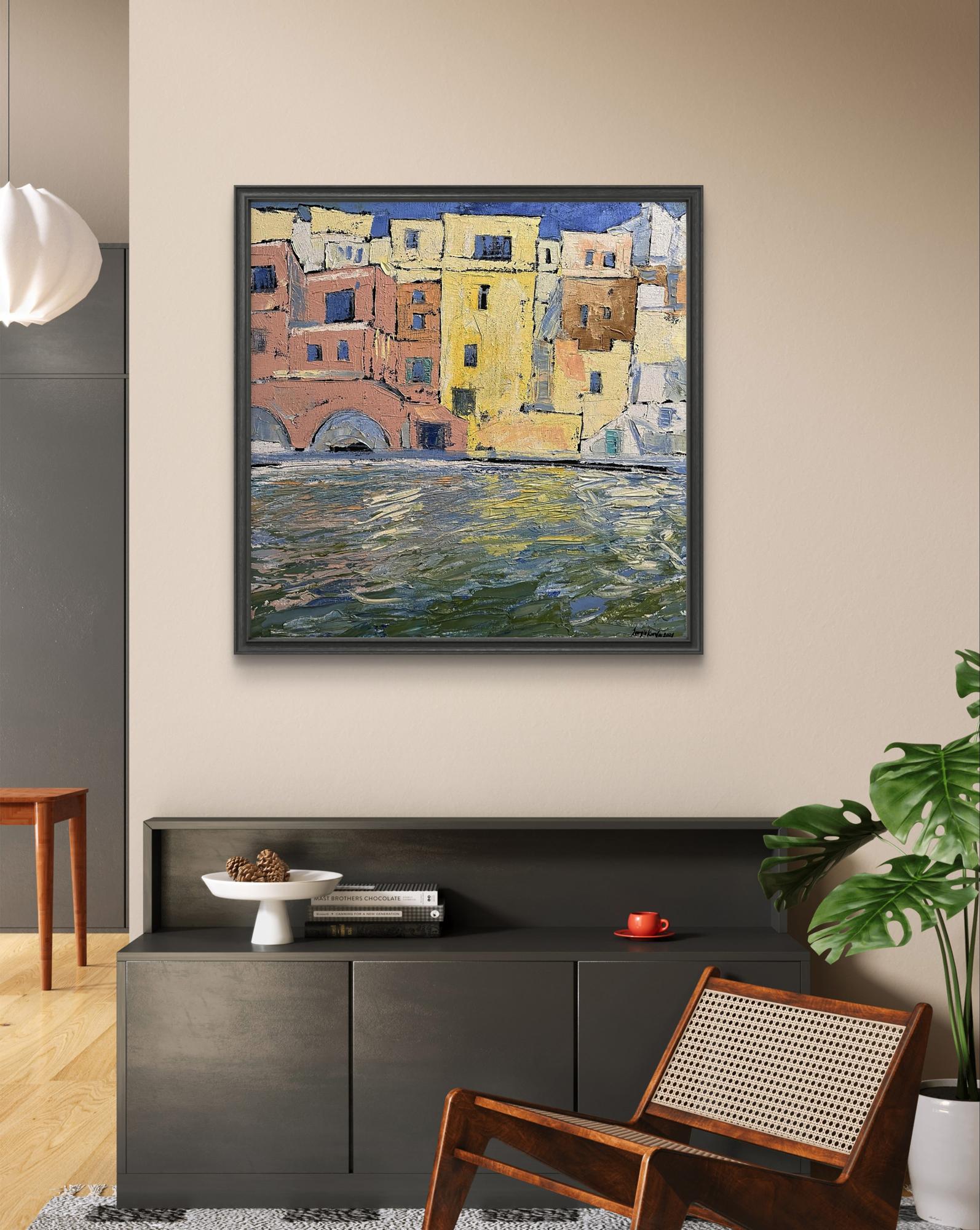 Oil painting Dark light Serhiy Kovalev framed abstract warm buildings waterway