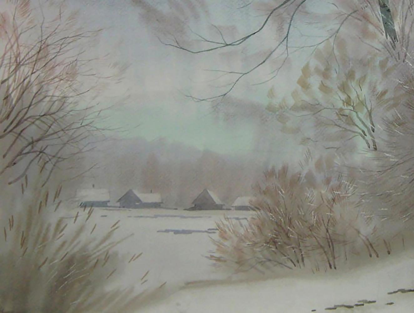 Snow-covered village before spring by Valery Savenets watercolor