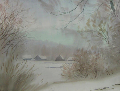 Snow-covered village before spring by Valery Savenets watercolor