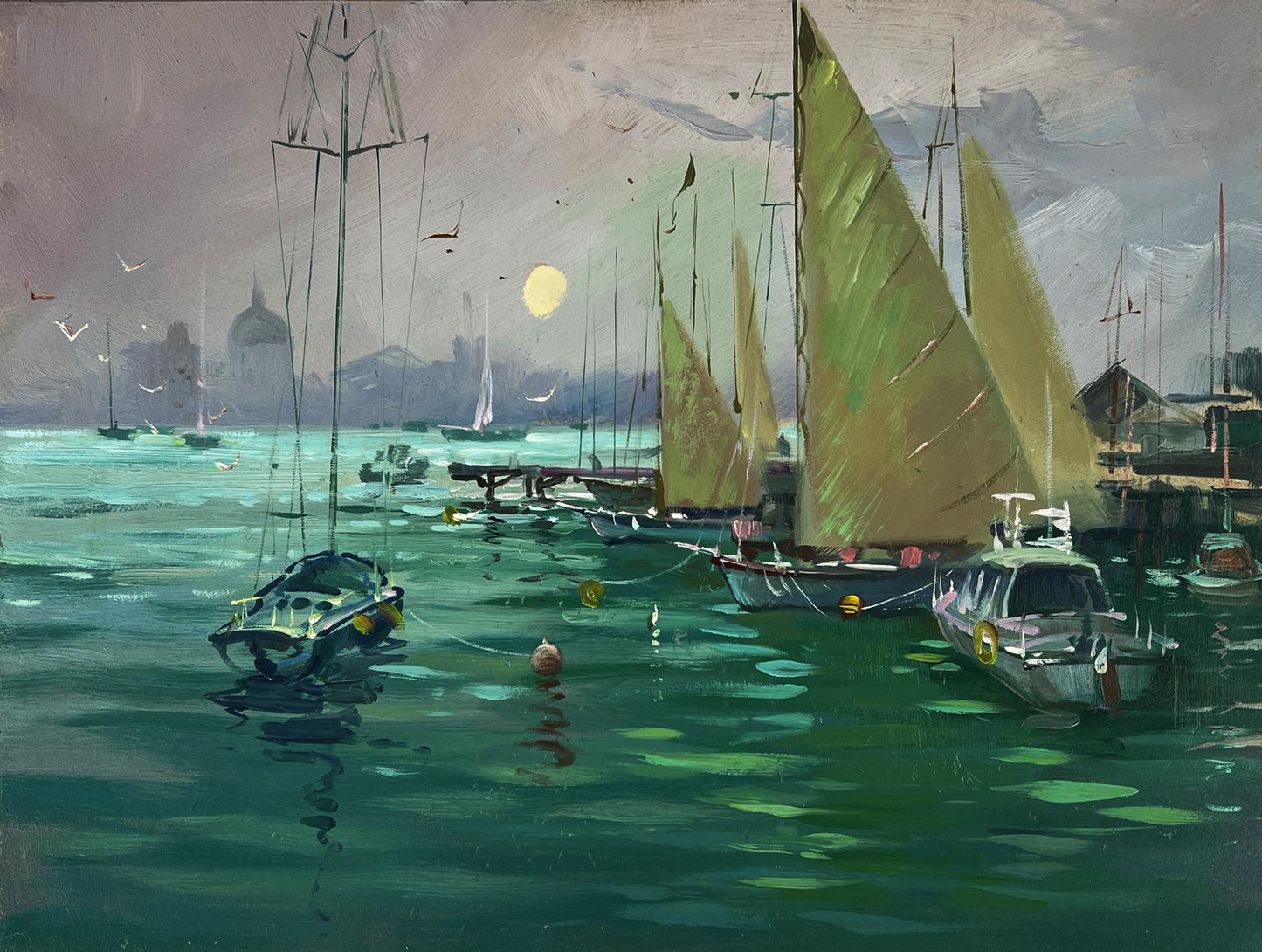 Oil painting Ships at the pier by Yuriy Suprunchuk harbor scene