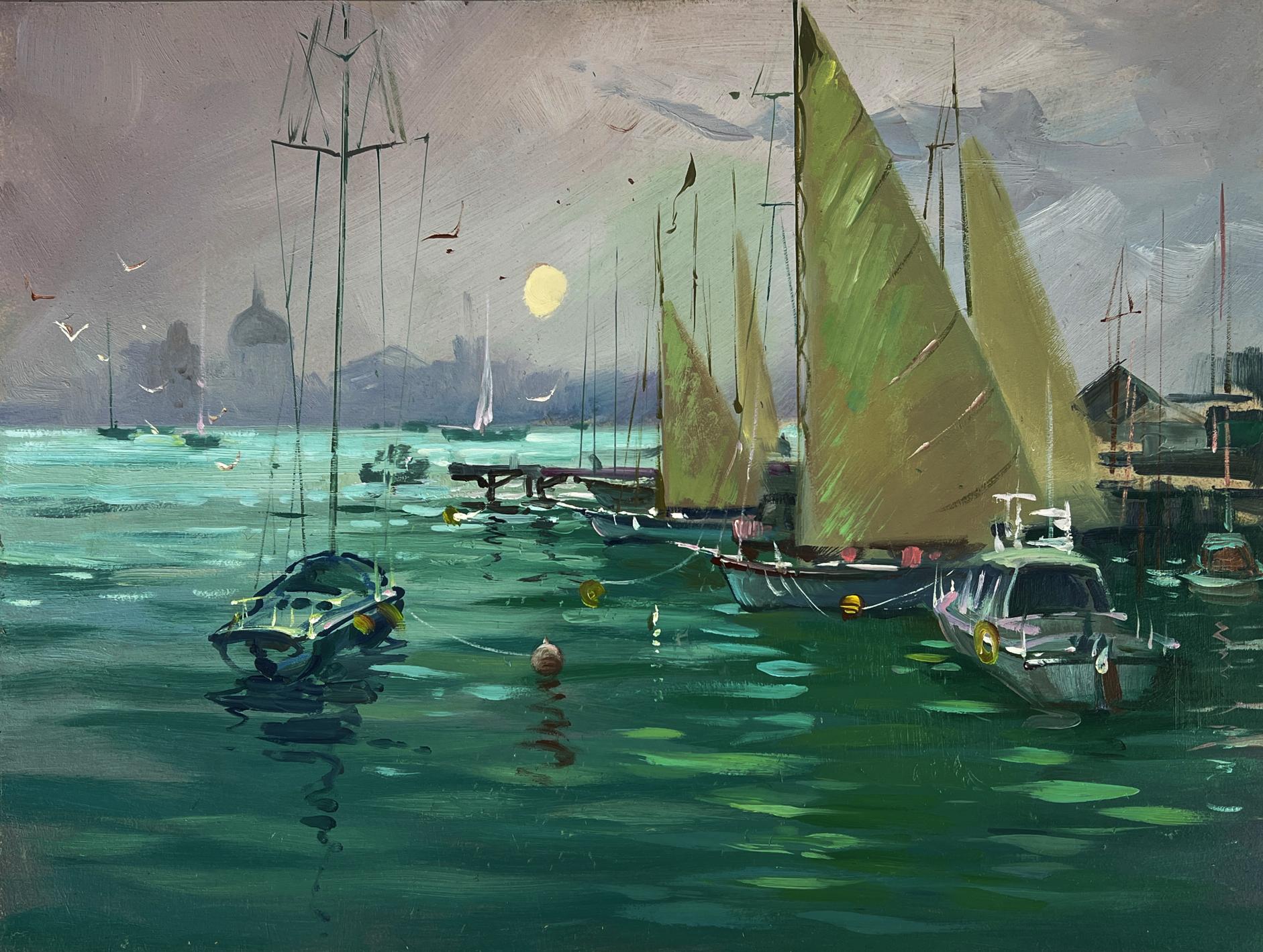 Oil painting Ships at the pier by Yuriy Suprunchuk harbor scene