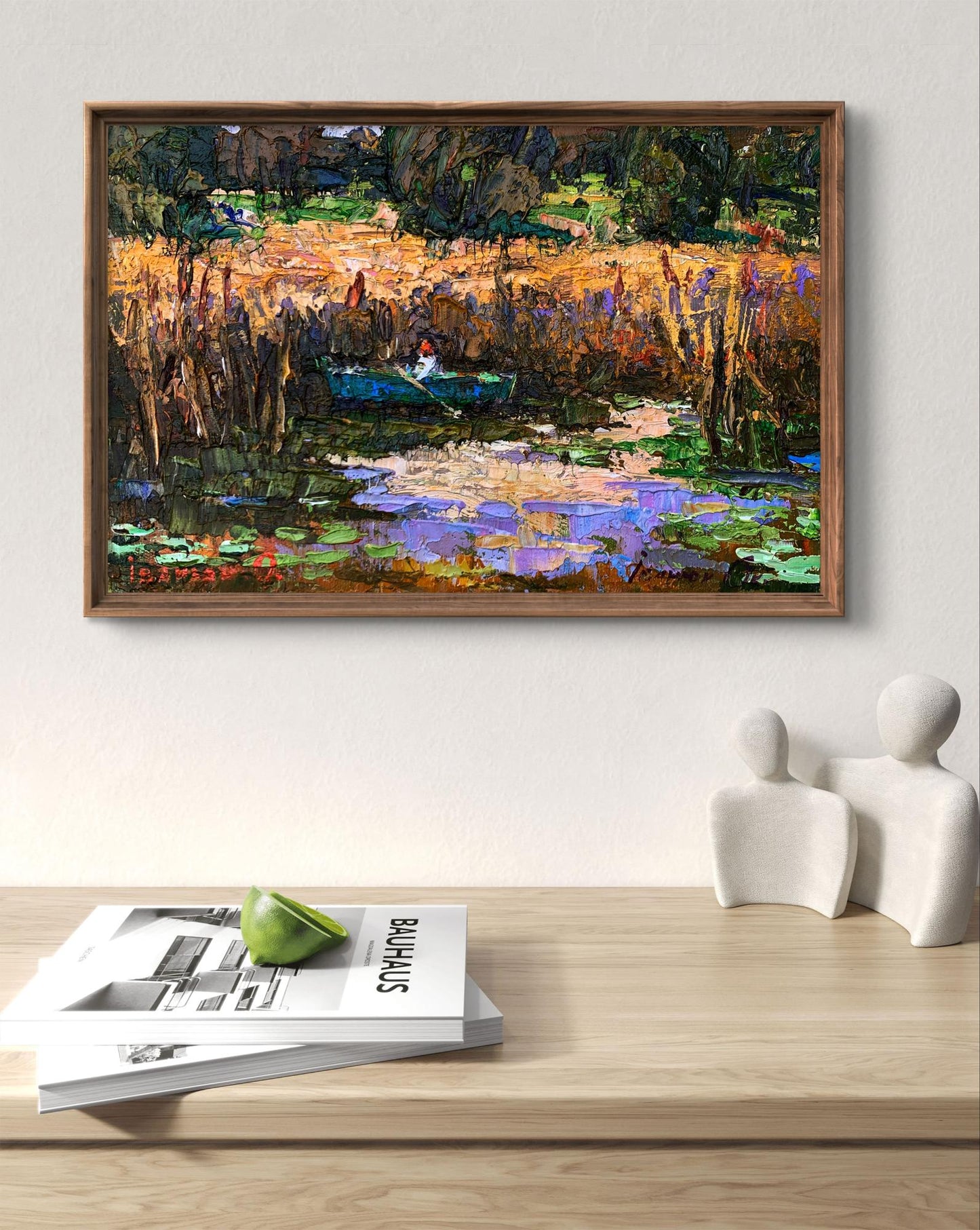 Framed Oil Painting Among the Reeds by Oksana Ivanyuk pond scene
