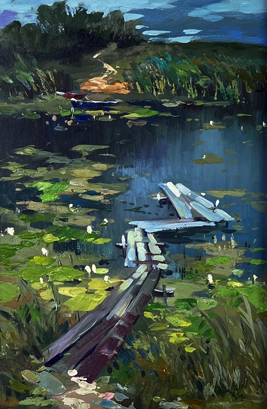 Weathered dock in lily-pad pond oil painting by Yuriy Suprunchuk