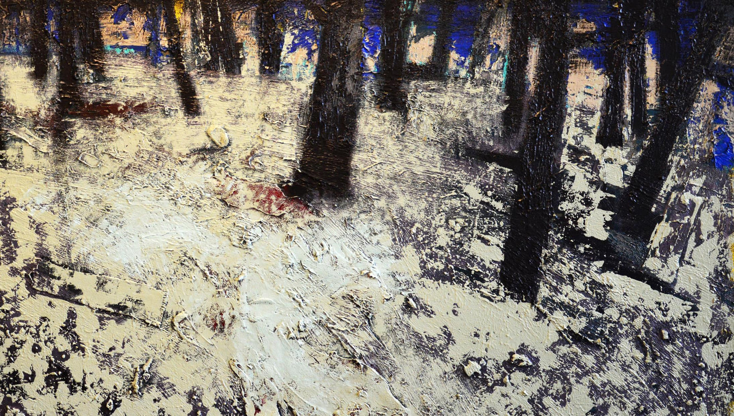 Oil painting Silver Forest by Natalia Korf-Ivaniuk, abstract textured black white blue forest scene