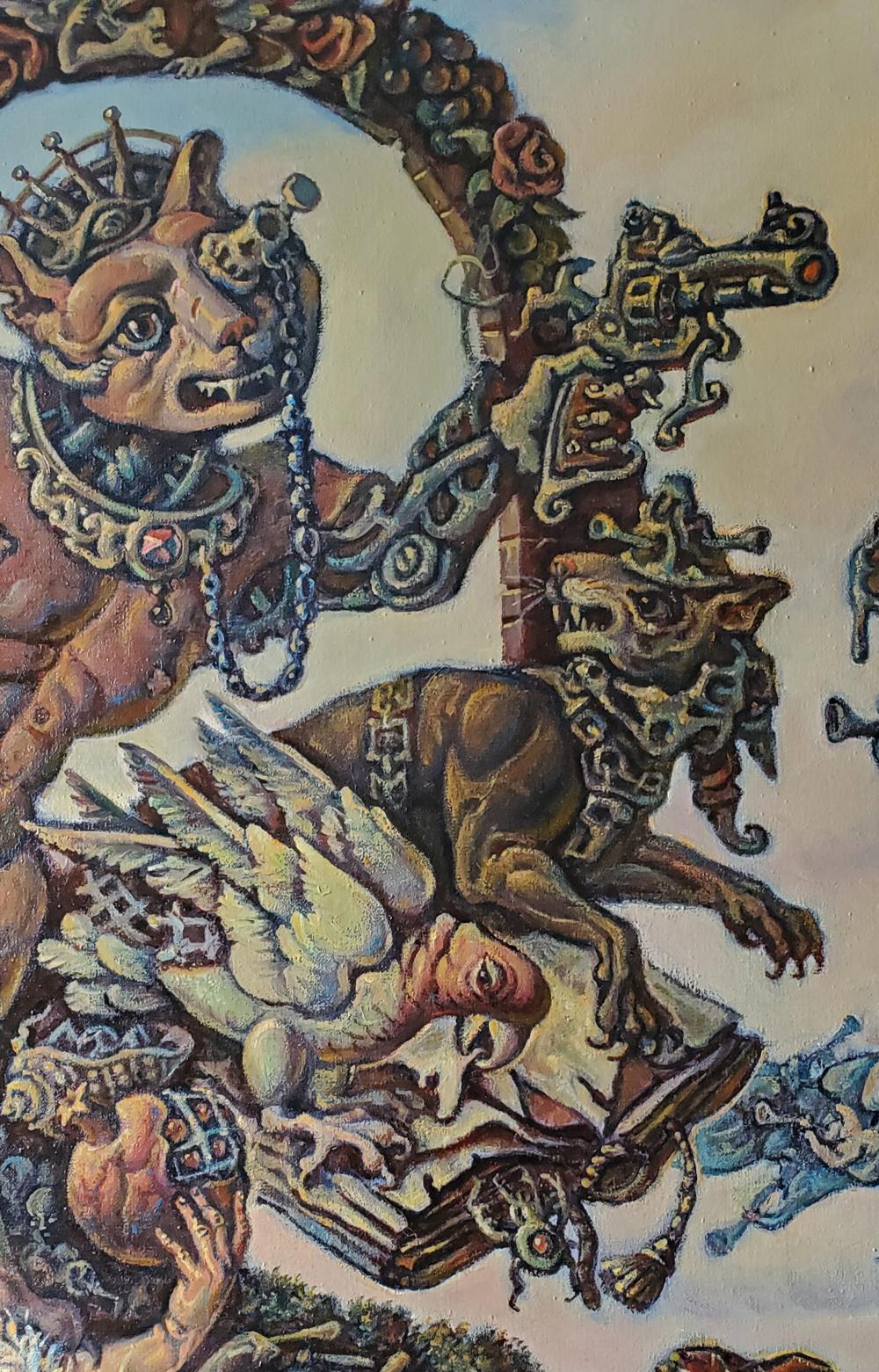 Oil painting Ancient Sea Visions by Daniil Litvinov: crowned beast with revolver on book