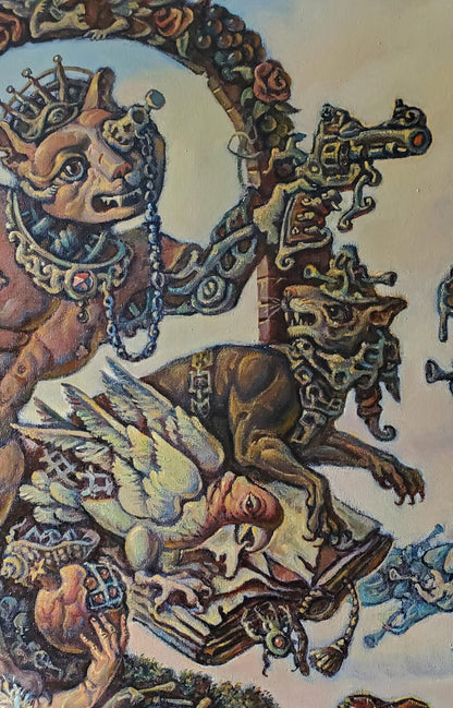 Oil painting Ancient Sea Visions by Daniil Litvinov: crowned beast with revolver on book