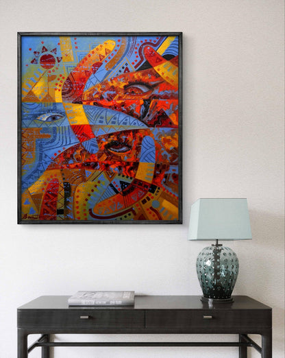 Oil painting Boomerang watchers by Sergiy Voichenko in black frame
