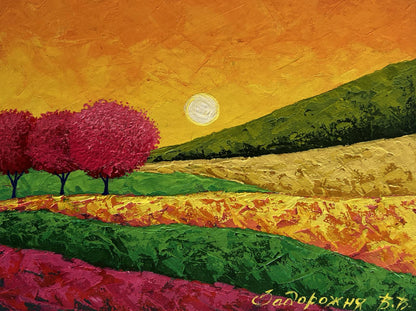 Vibrant impressionist oil painting by V. Zadorozhnya: blooming magenta trees in green field