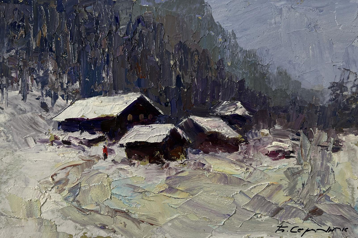Oil painting of snow-covered wooden cabins in winter village by Boris Serdyuk