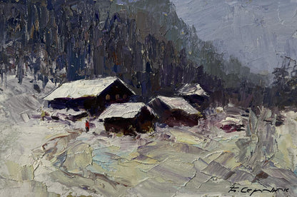 Oil painting of snow-covered wooden cabins in winter village by Boris Serdyuk