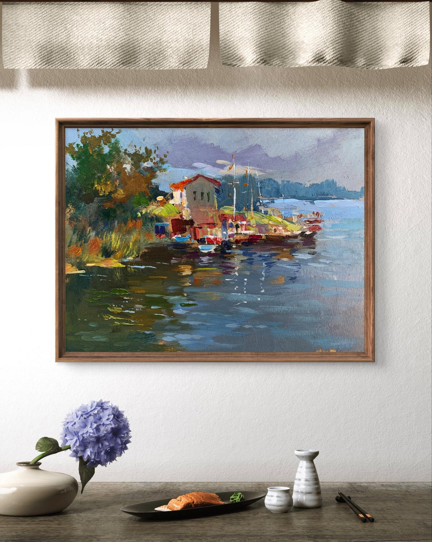 Framed impressionist oil painting of harbor with boats by Yuriy Suprunchuk