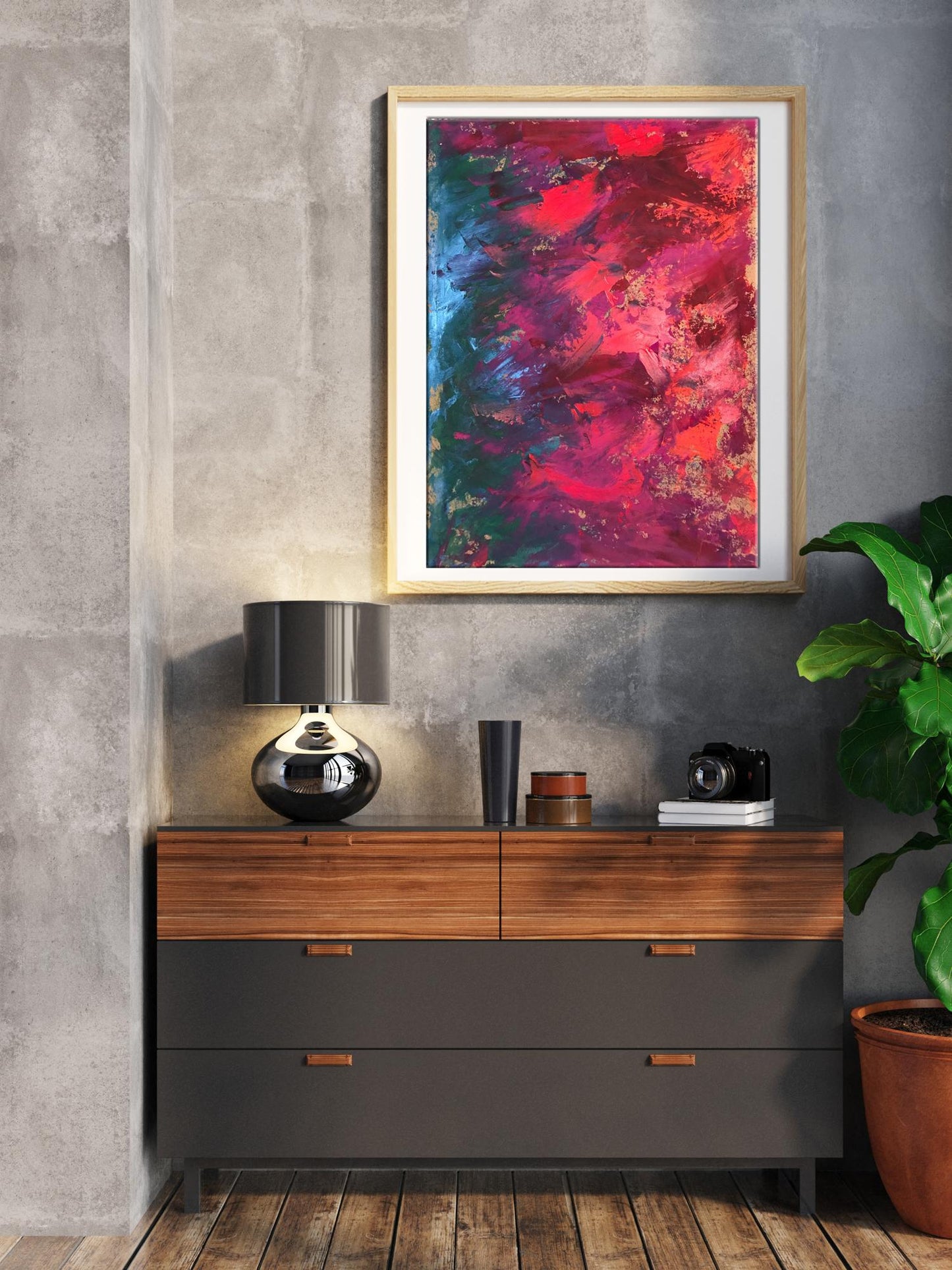 Vibrant acrylic painting Colors inside by Olga Melezhik in light wood frame