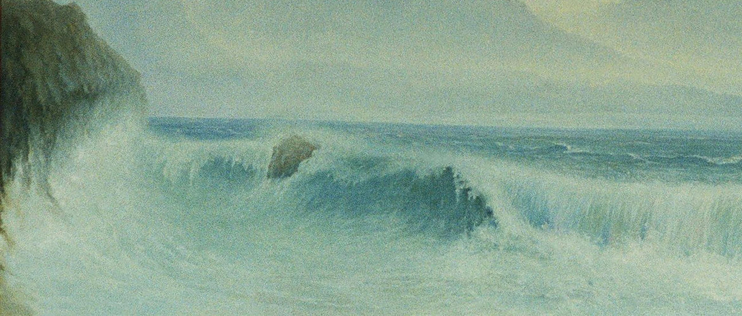 Oil painting of crashing teal waves on seashore by Vasily Korkishko