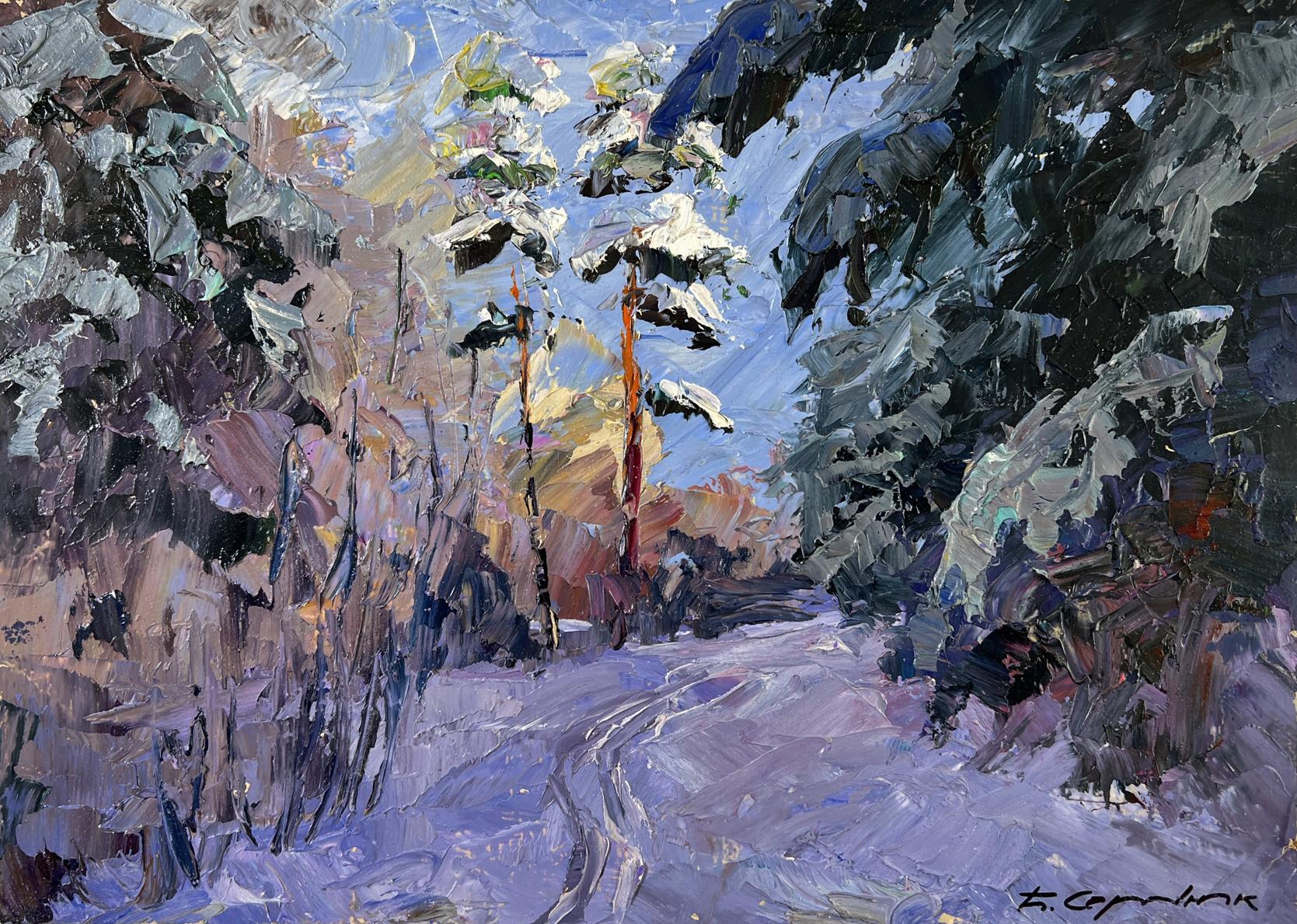 Oil painting by Boris Serdyuk: snowy forest path among winter trees
