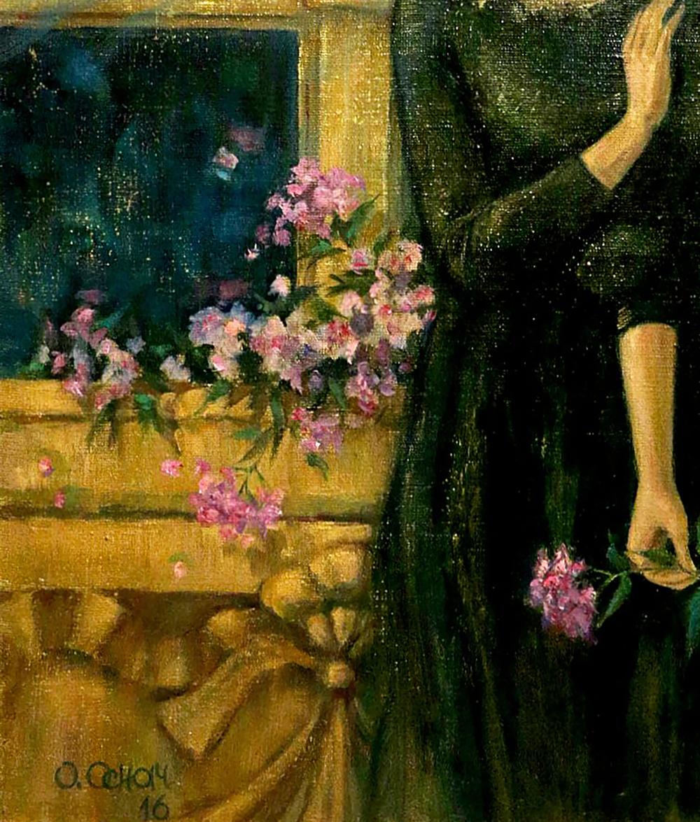 Oil painting by Oksana Osnach: girl in dark green dress by flower-filled window box