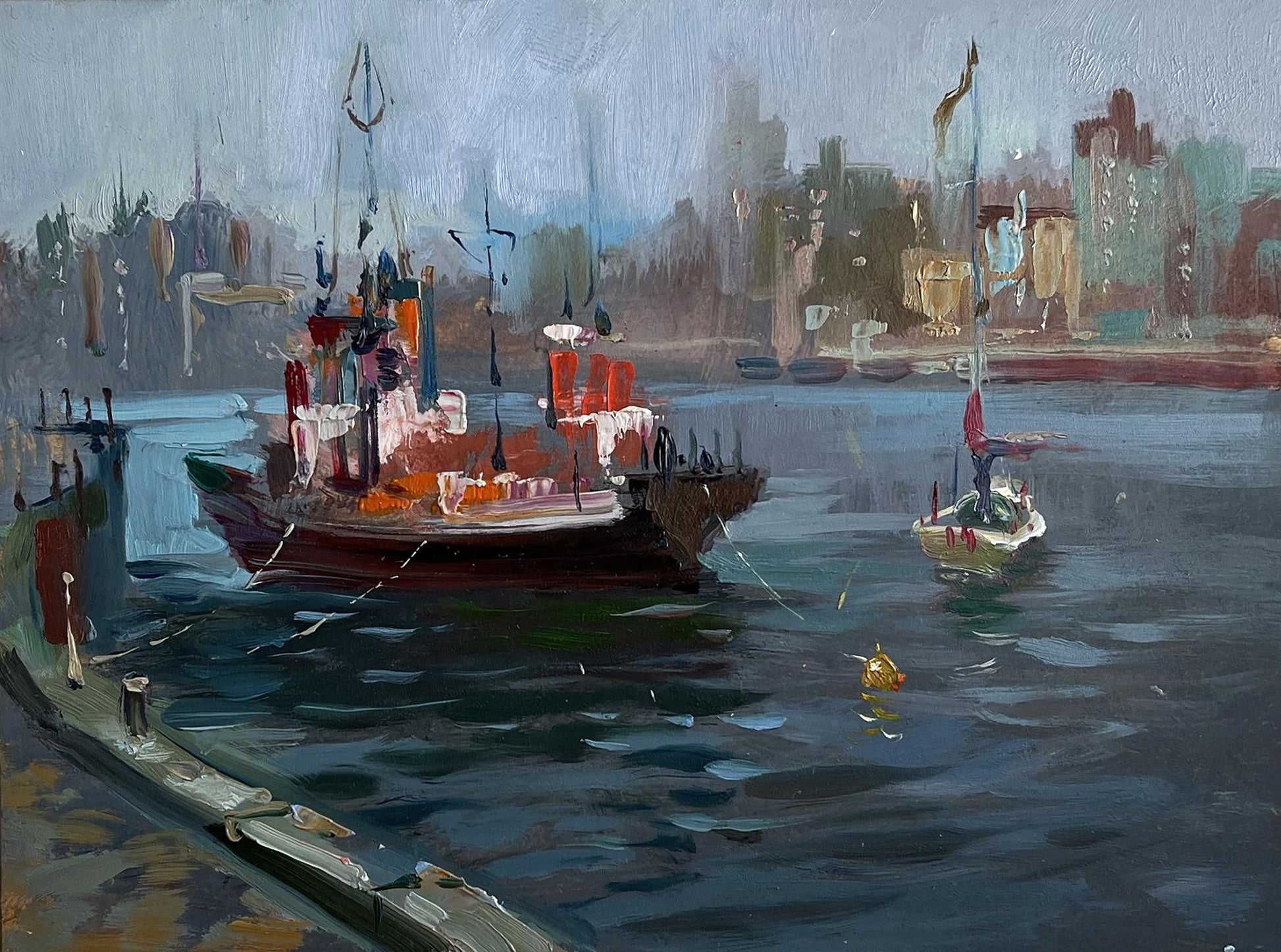 Impressionistic oil painting by Yuriy Suprunchuk: weathered red and white fishing boat with tall mast docked near city skyline