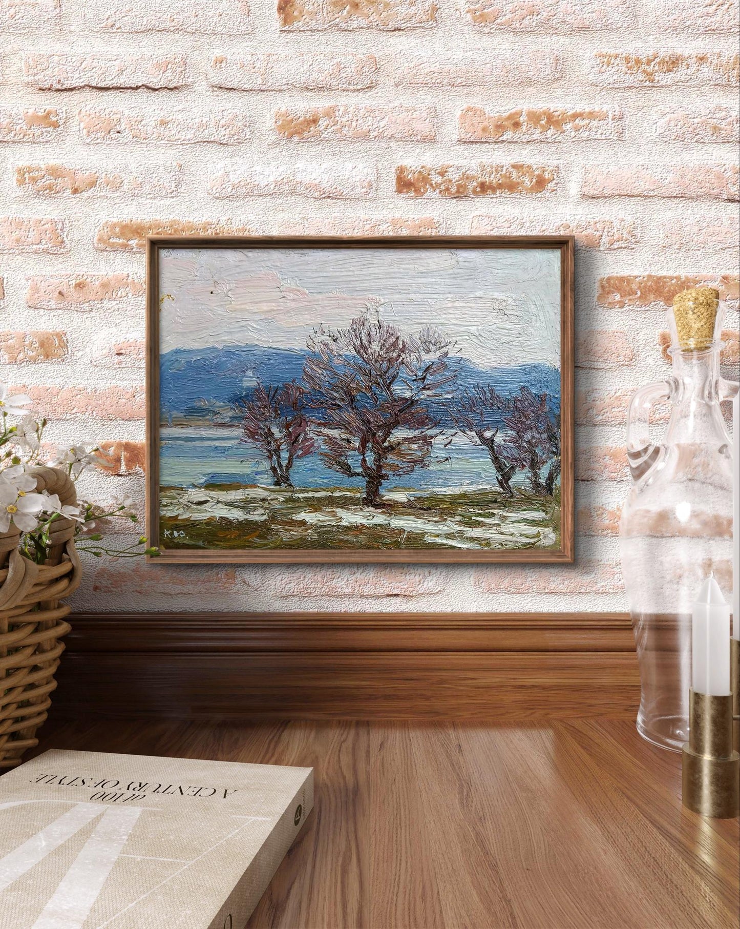 Oil painting The snow is melting by Yury Konovalov, trees lake mountains in frame