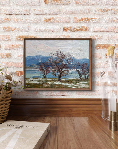 Oil painting The snow is melting by Yury Konovalov, trees lake mountains in frame