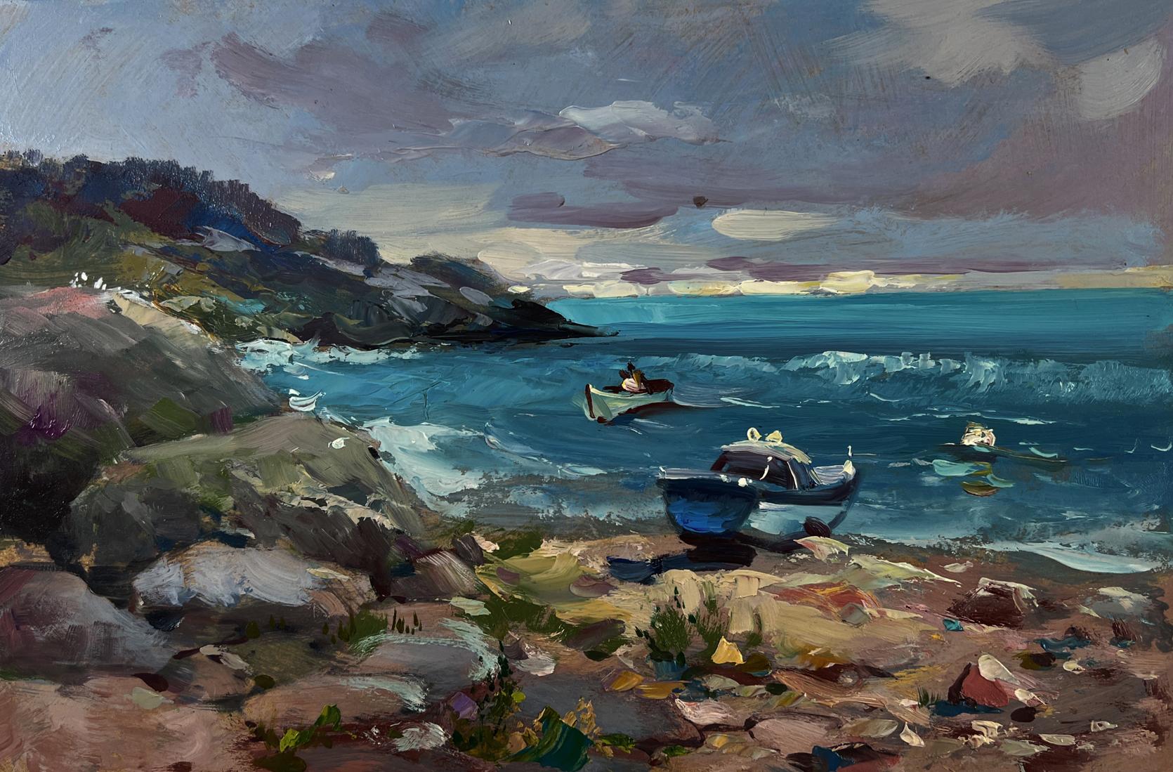 Oil painting of blue white fishing boat on rocky shore by Yuriy Suprunchuk