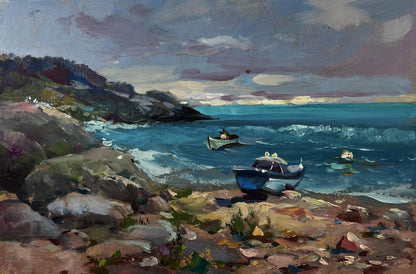 Oil painting of blue white fishing boat on rocky shore by Yuriy Suprunchuk
