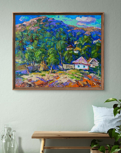Oil painting A village in a valley by Oleksiy Ivanyuk in wooden frame