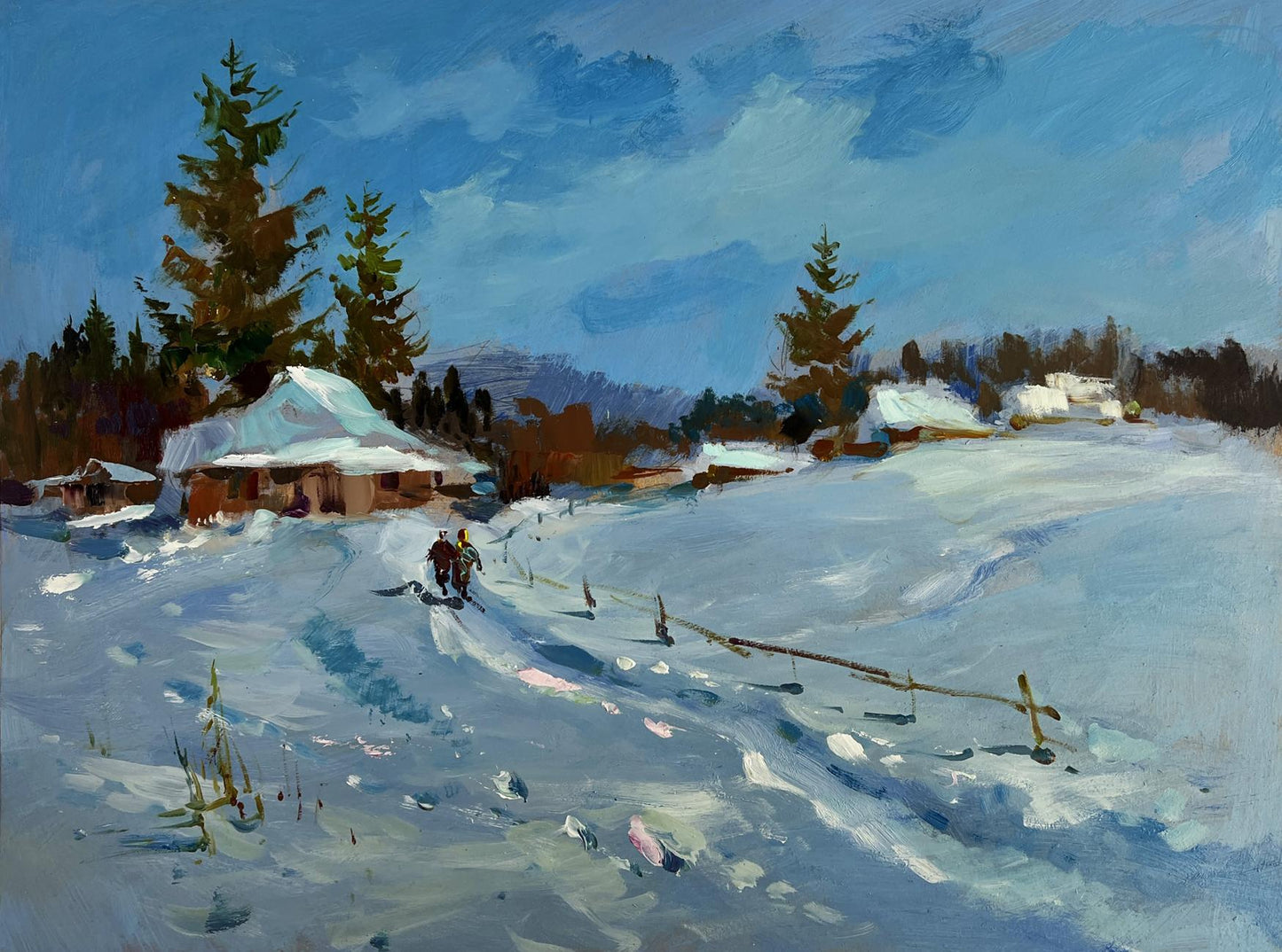 Oil painting Along the snowy path by Yuriy Suprunchuk: snow-covered wooden houses among evergreens