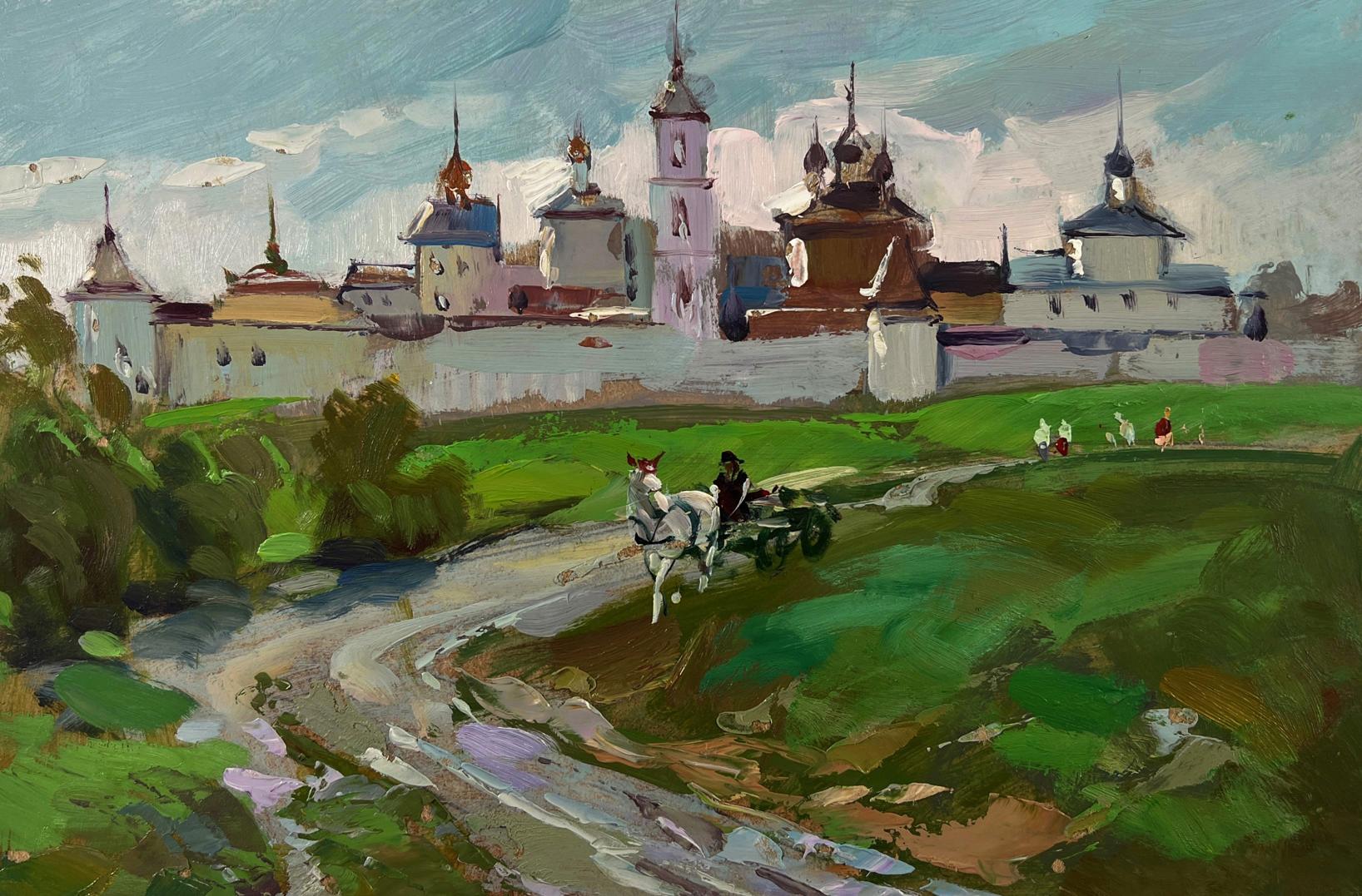 Vibrant oil painting of Yuriy Suprunchuk Ancient city monastery with onion domes