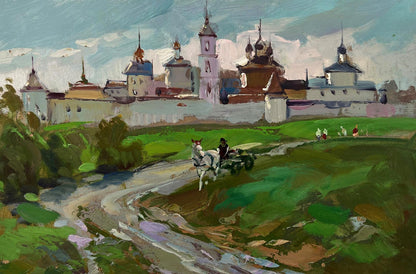 Vibrant oil painting of Yuriy Suprunchuk Ancient city monastery with onion domes