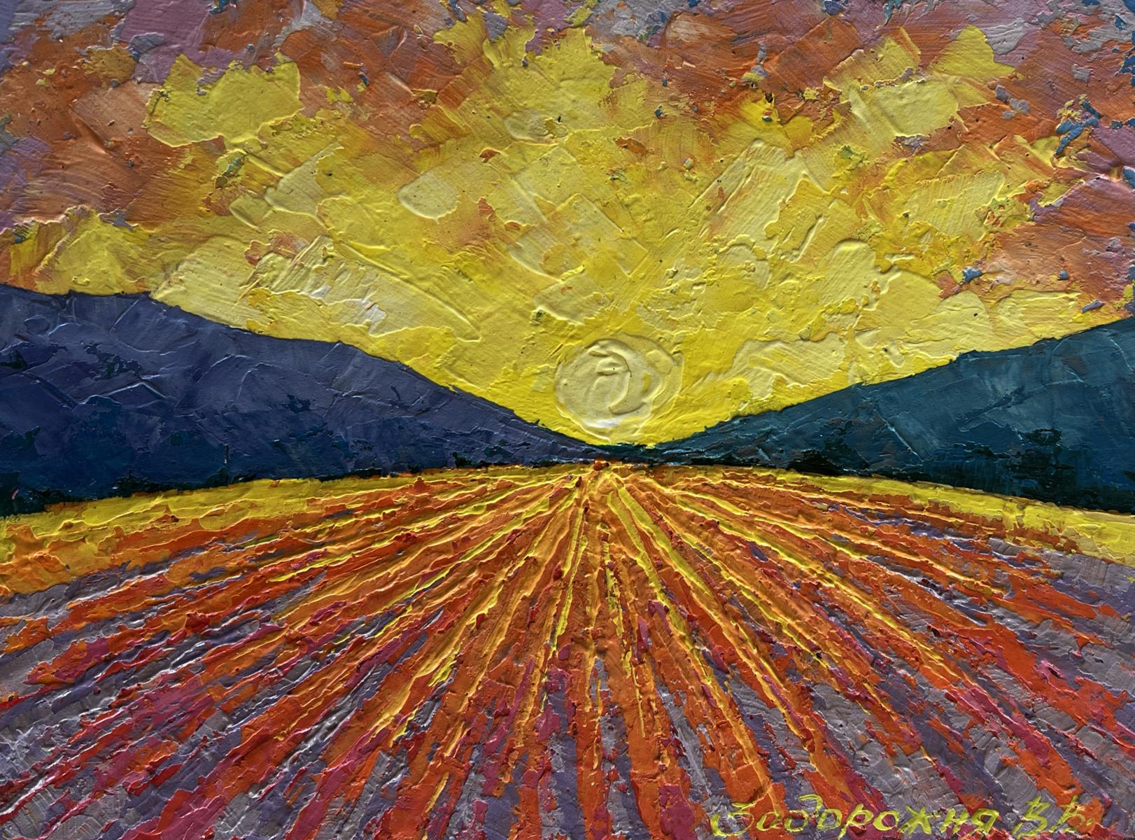 Vibrant textured oil painting of sunset over mountains by V. Zadorozhnya