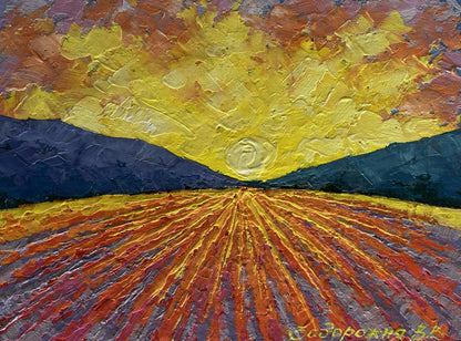 Vibrant textured oil painting of sunset over mountains by V. Zadorozhnya