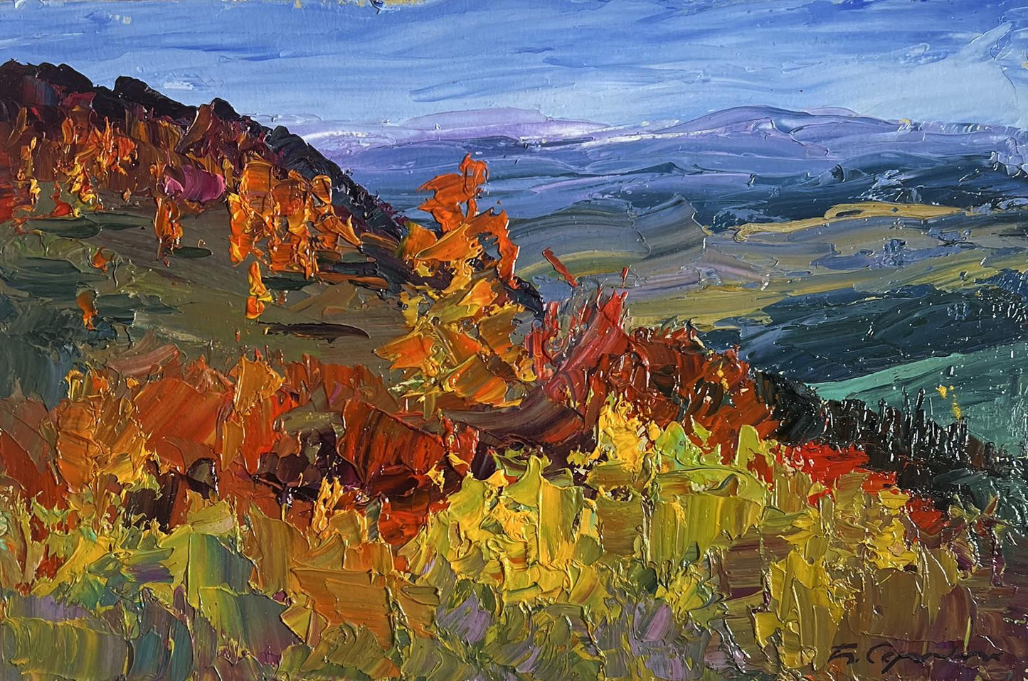 Vibrant impressionist oil painting Golden Mountain Fields by Boris Serdyuk