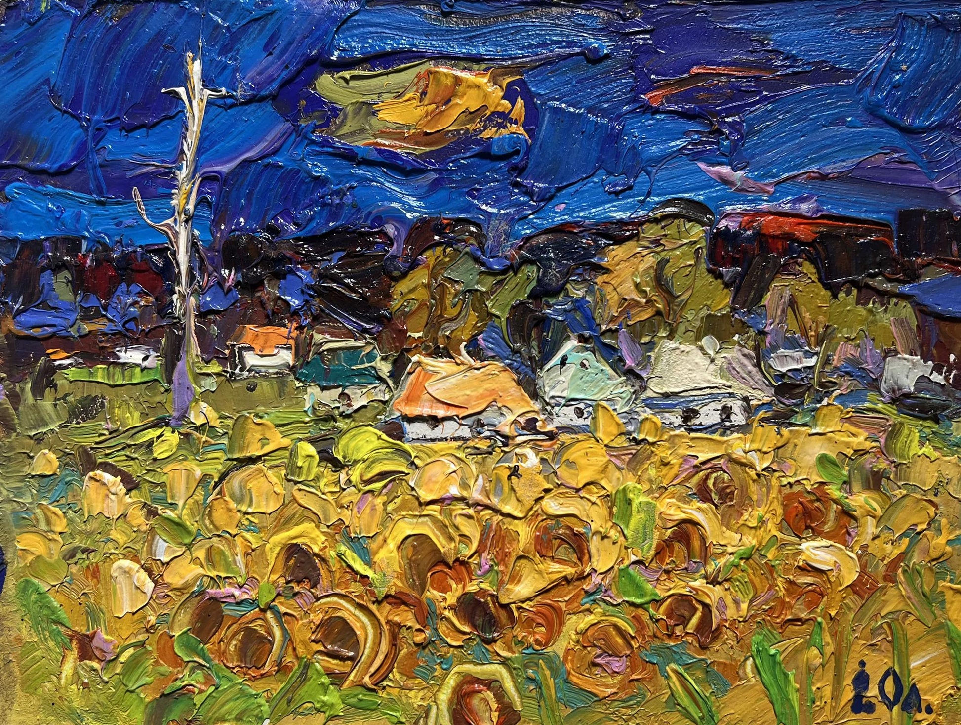 Vibrant Oleksiy Ivanyuk oil painting of sunflower field village under blue sky