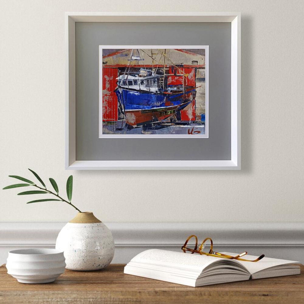 Framed oil painting The ship is under repair by Volodymyr Gluhomanyuk