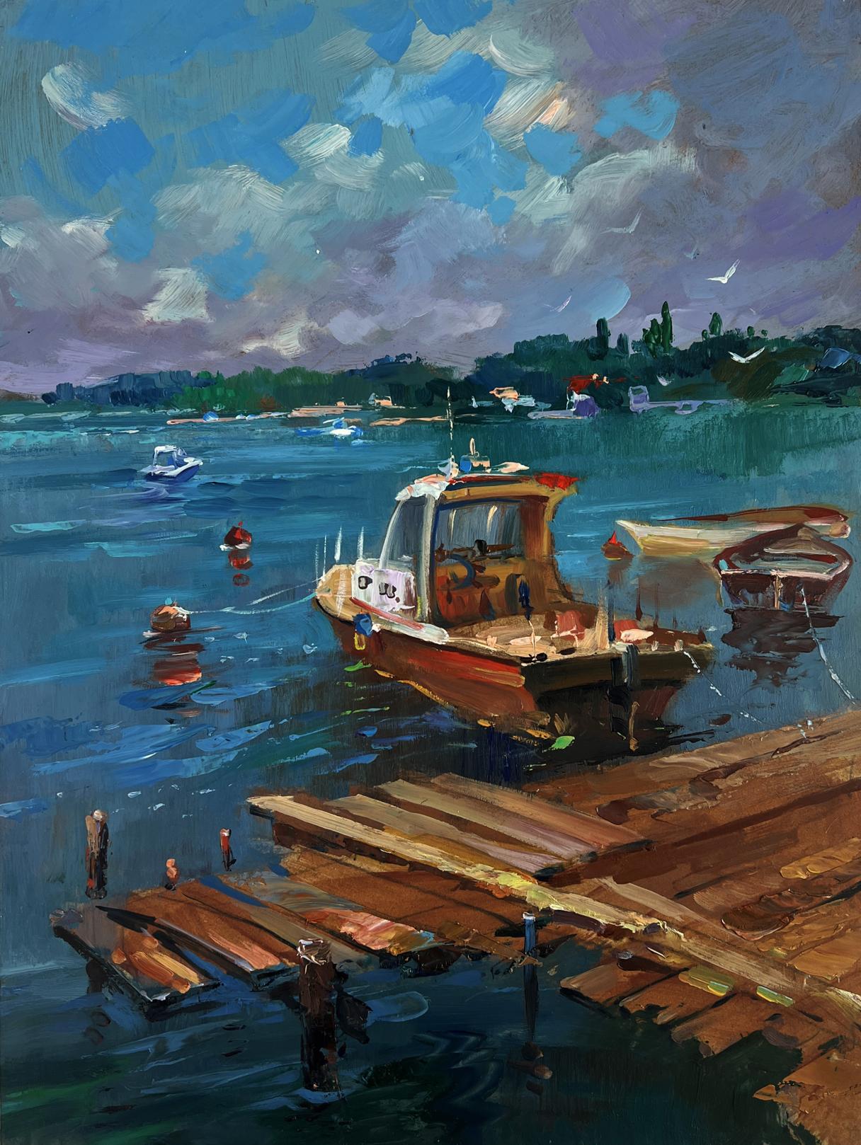Oil painting of old wooden pier leading into sea by Yuriy Suprunchuk