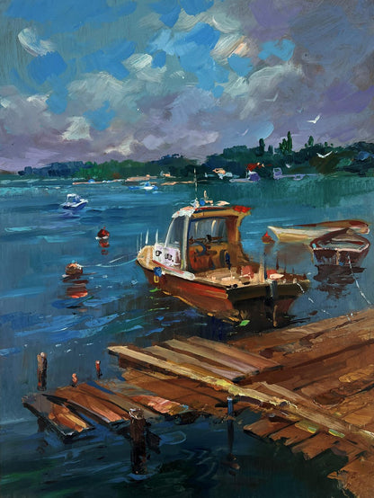 Oil painting of old wooden pier leading into sea by Yuriy Suprunchuk