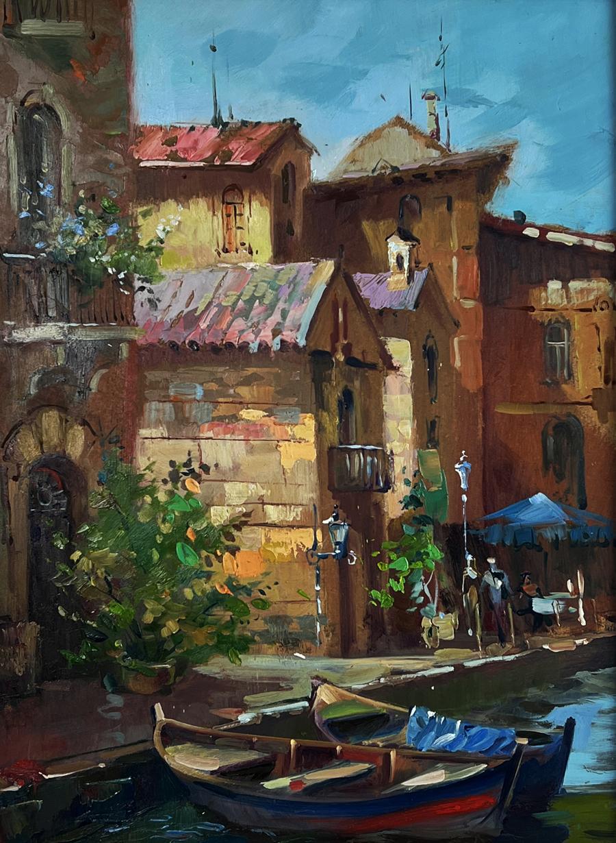 Oil painting of rustic rowboat in Venice streets by Yuriy Suprunchuk