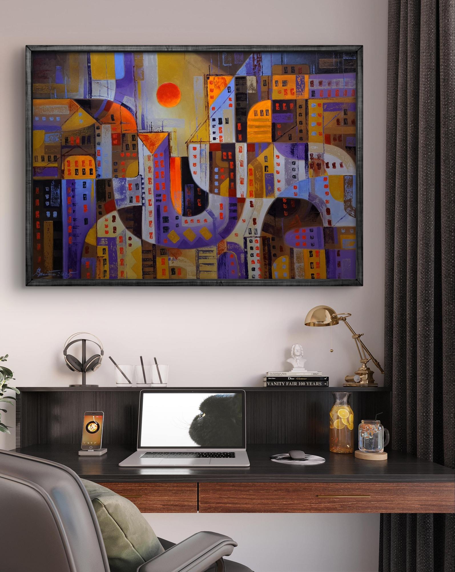 Vibrant Urban Sunset oil painting by Sergiy Voichenko, abstract cityscape with orange sun