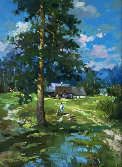 Vibrant impressionistic oil painting of swamps near village by Yuriy Suprunchuk