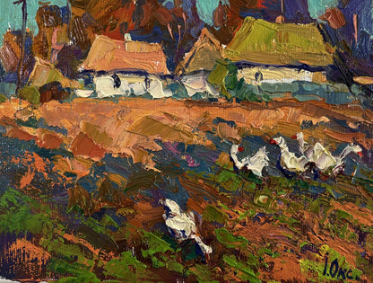 Vibrant impressionist oil painting Geese in the village by Oksana Ivanyuk